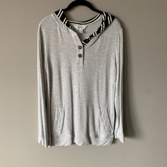 Soft & Cozy - Long Sleeve Top - Grey w/ Stripes on Hood - Button Neck - Picture 1 of 3
